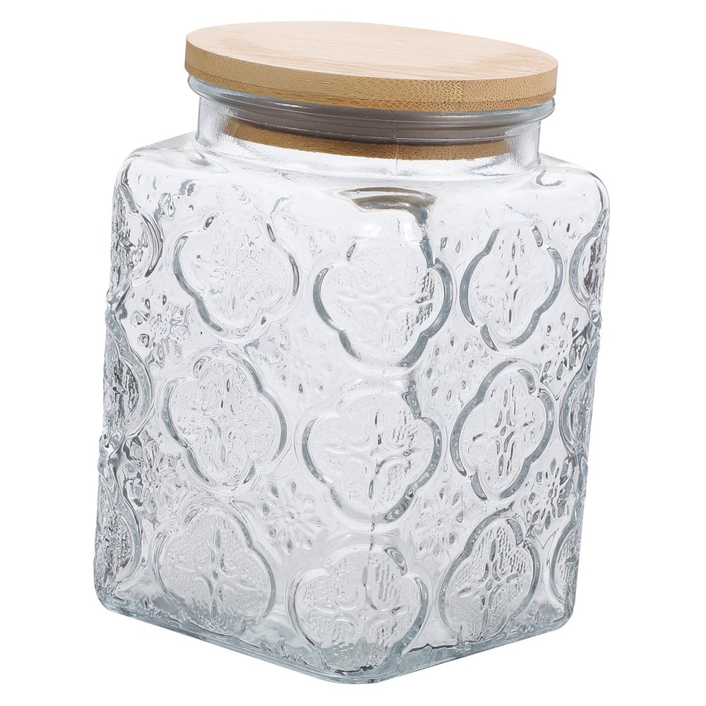 Garneck Embossed Glass Canister Lid Airtight Tea Leaf and Dried Food Organizer Vintage Storage Jar for Kitchen Easy Access and Cleaning Design for Freshness