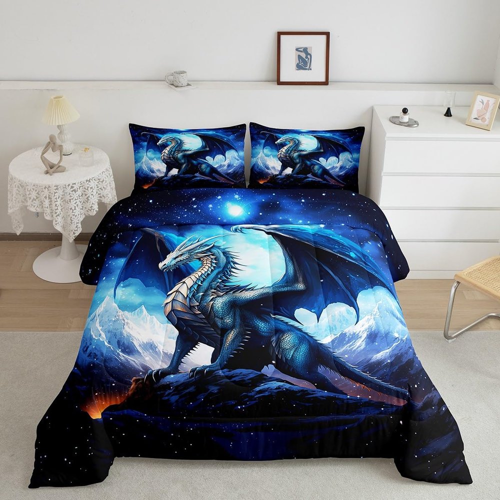 Dragon Bedding Set Full Size,Snow Mountain Starry Sky Galaxy Comforter Set for Kids Boys Men Teens Room Decor,Glitter Star Trippy Duvet Insert 3Pcs,Western Magical Animal Blue Quilt Set,2 Pillowcases