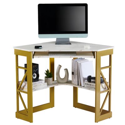 VECELO Corner Desk Computer Desk Writing Table with Smooth Keyboard Tray & Storage Shelves,Compact Home Office Triangle Table,Gold & White