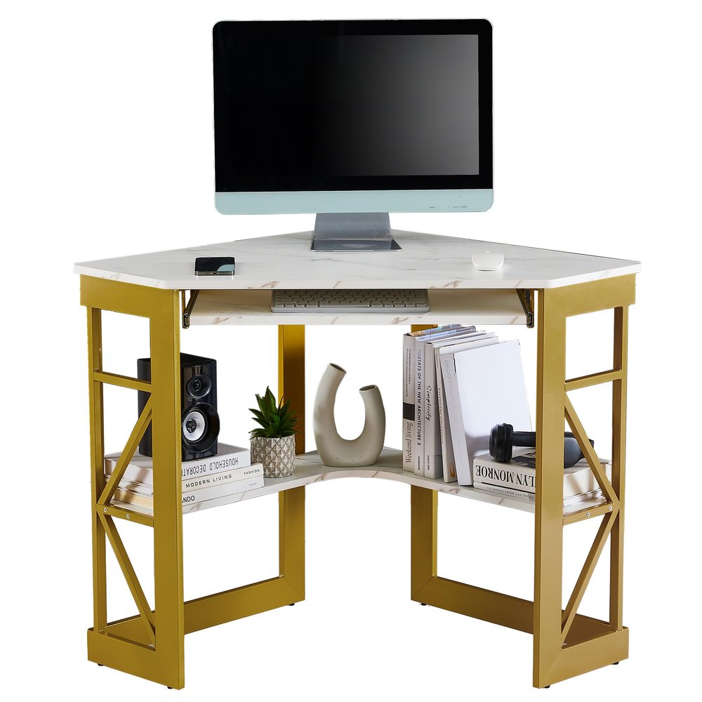 VECELO Corner Desk Computer Desk Writing Table with Smooth Keyboard Tray & Storage Shelves,Compact Home Office Triangle Table,Gold & White