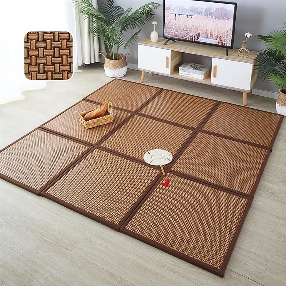 XOOFMASS Summer Sleeping Mats Tatami Mat Rattan Japanese Floor Mats, Thickness Foam Breathable Japanese Floor Mats Non-Slip Patchwork Crawling Mats for Living Room Bedroom,D,1PC 24x24/60x60cm
