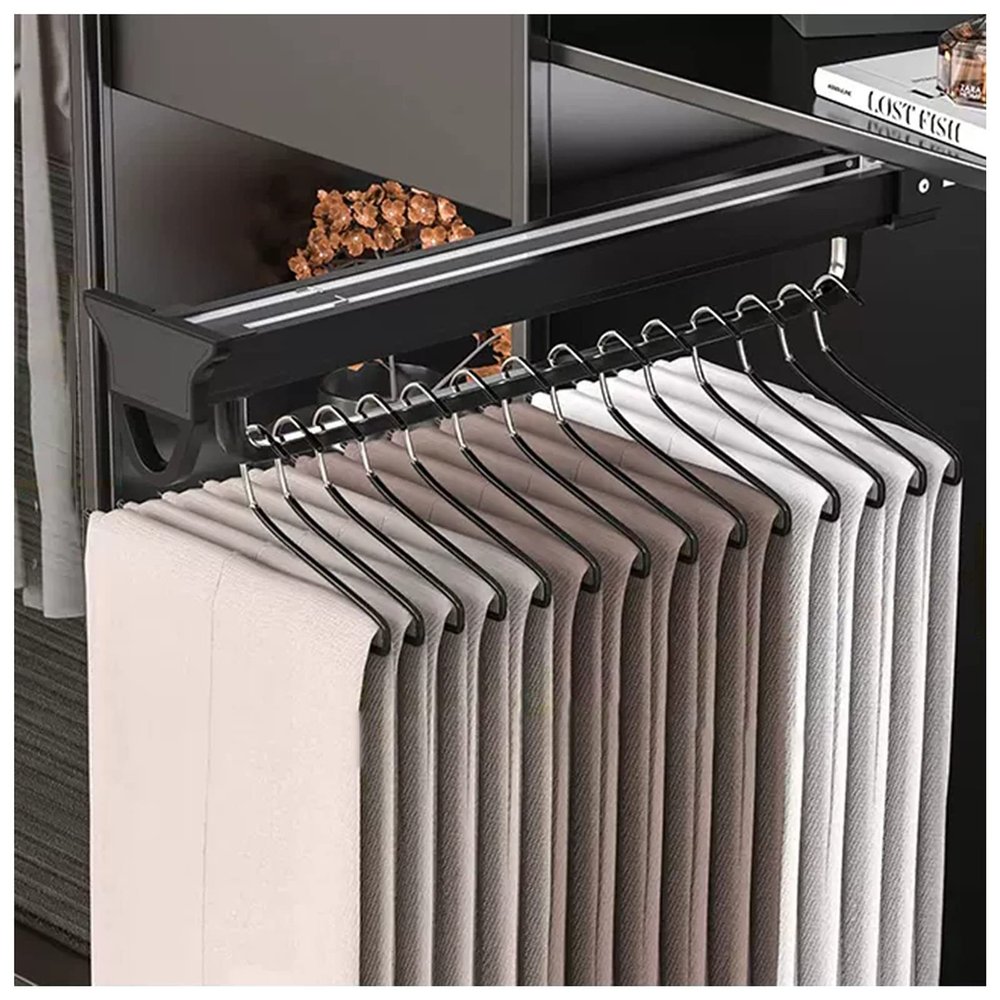 UUNVTOSU Pull-Out Closet Rod Closet Clothes Hanger Rail Sliding Wardrobe Closet Valet Rod Top Mounted Trousers Rack Space Saving for Pants and Coat Racks (Color : Black, Size : 26.5x12cm)