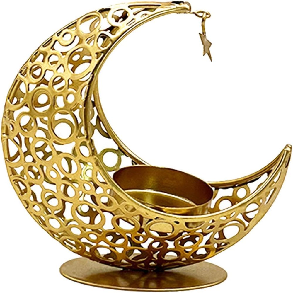 Eid Mubarak Candle Holder Metal Candlestick Moon Candle Holder Moon Candlestick Holder Dinner Candle Holder for Eid Mubarak Spring Festival Party Supply - Gold