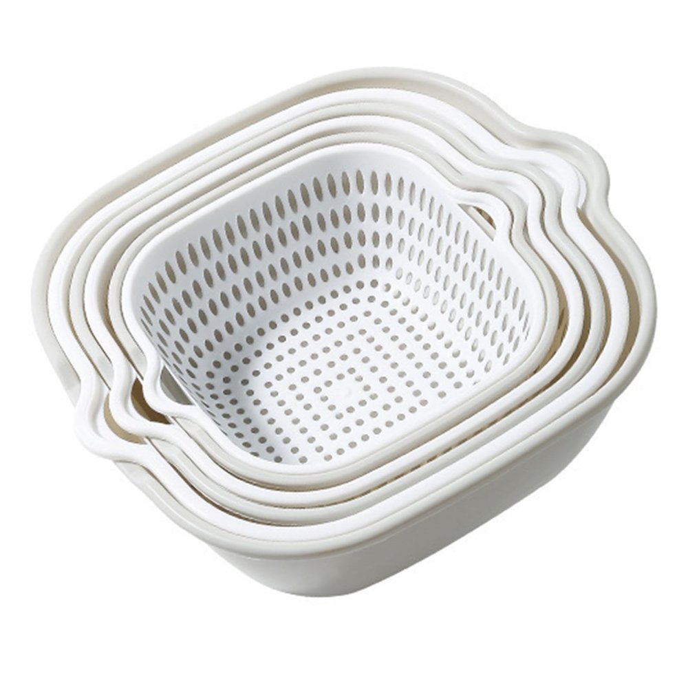 AOKID Kitchen Strainers,8 Pcs Double-Layer Washing Basket for Food Drainage and Storage,Portable Plastic Kitchen Washbas with Handles,Colanders Strainers for Fruits Vegetables Cleaning Wash White