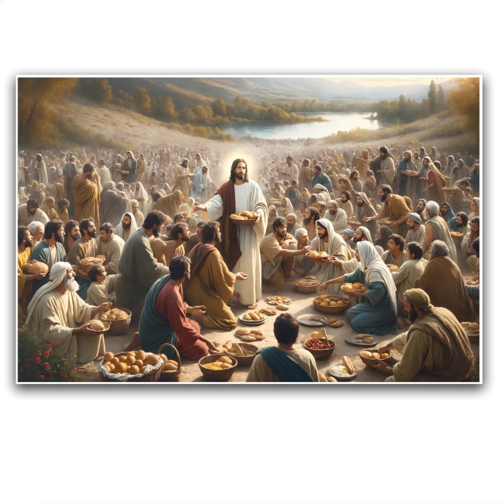 XWNLTEPK Jesus Feeding 5,000 People with Five Loaves and Two Fishes Miracle Mercy Canvas Art Wall Decor Poster Suitable for Bedroom Living Room Relaxation Room Confession Room