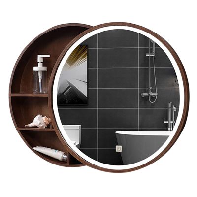 JCSRYD Bathroom Medicine Cabinet Round Wall Mounted Bathroom Mirror with Storage, Illuminated Wood Mirror Cabinet for Bathroom, for Bathroom Laundry Room (Color : Brown B, Size : 70cm/28in)