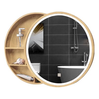 JCSRYD Bathroom Medicine Cabinet Round Wall Mounted Bathroom Mirror with Storage, Illuminated Wood Mirror Cabinet for Bathroom, for Bathroom Laundry Room (Color : Gold B, Size : 70cm/28in)