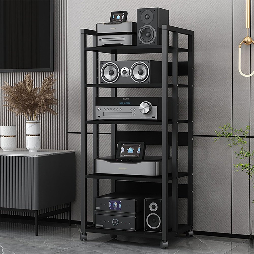 Media Storage Cabinet, 5-Tier Shelves Audio Video Media Stand Cabinet with Height Adjustable, for Store Cable Boxes, DVD Players, Streaming Devices, Home Theater Receivers,Black
