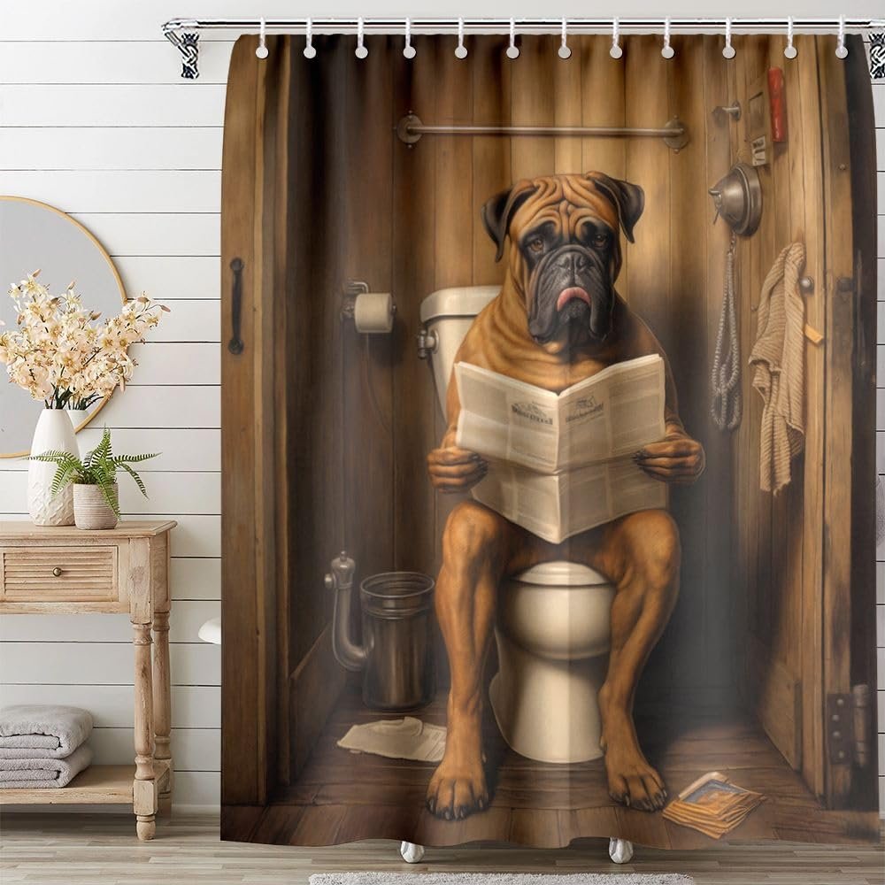 Orlco Art Farm Animal Shower Curtain Farmhouse Brown Wood Grain Funny Animal Dog Rustic Wooden Western Fabric Bathroom Decor Curtain with 12 Hooks 72"x72"