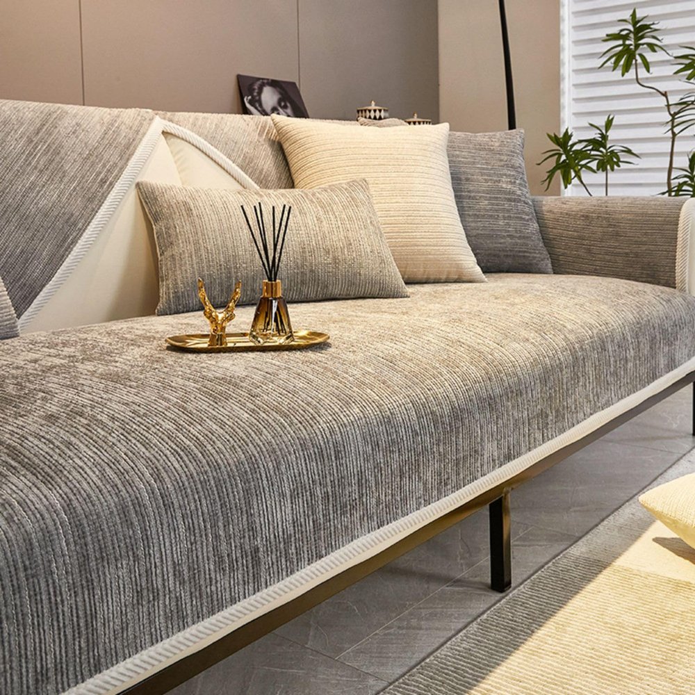 Funny Fuzzy Sofa Cover - Simple Striped Chenille Anti-Scratch Couch Cover, Towel Mattress Protector Furniture Protector Washable Anti-Slip Sofa Cover (Light Gray,70 * 150cm/27.56 * 59.06Inch)