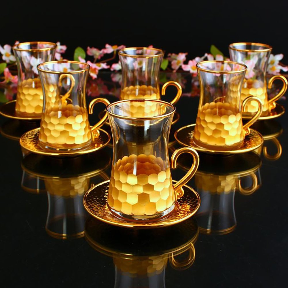 Handmade Gold Rimmed Foil Honeycomb Glasses Set of 6 (Wine, Champagne, Whisky, Fruit Juice, Beverage, Espresso, Tea Glasses) | Honeycomb Design Glasses | Suitable for Cold-Hot Drink (Hussedays)