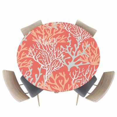 ZFUNCING Round Fitted Tablecloth Elastic Edged Table Cover,Summer Watercolor Ocean Coral Waterproof Wipeable Table Cloths for Kitchen Dining Party Fit up 45-54in Tables,Marine Life on Tangerine