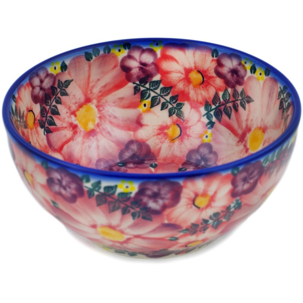 Polmedia Polish Pottery Bowl 6-inch UNIKAT - Blossoming Purple Harmony Pattern Handmade in Boleslawiec Poland by Ceramika Dalia + Certificate of Authenticity