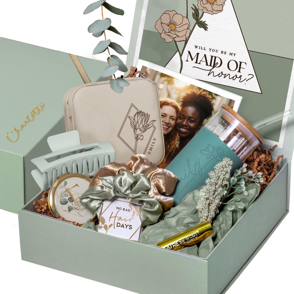 Personalized Will You be My Bridesmaid Gift Box - Will You Be My Maid of Honor Proposal Box, Matron of Honor Proposal or Custom Jr Bridesmaid Gift Set | Sage Green, Engraved Tumbler, Jewelry Box (BE1)