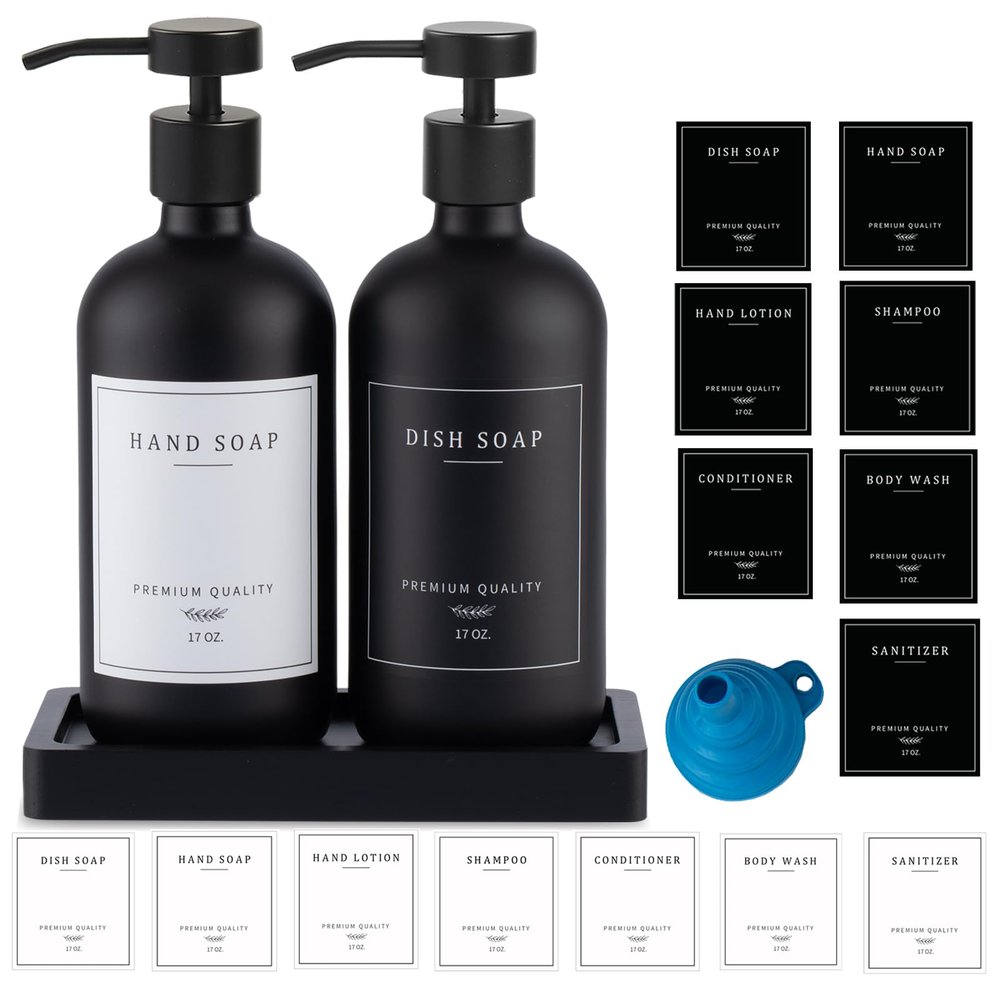 Black Soap Dispenser - Kitchen Hand Dish Soap Dispenser, Glass Bathroom Soap Lotion Dispenser with Tray, Dishwashing Liquid Dispenser, 14 Stickers, Black Bottle/Black Pump-pd