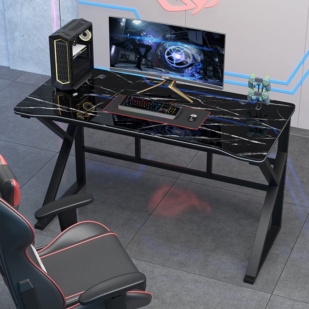 BELWEIS I Shape Computer Gaming Desk,Ergonomic Gaming Desk for PC K-Shaped Computer Workstation,Home Office Desk Table Gamer Workstation,Simple Gaming Table,White-L 120CM, Black