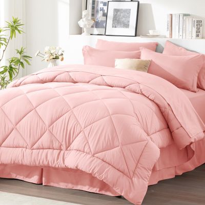 Newspin California King Comforter Set Pink - Bed in a Bag California King Size 8 Pieces, All Season Bed Set, Fluffy Comforter Set with Sheets, Sheet Set Quilt Blanket, Pillowcases & Shams & Bed Skirt