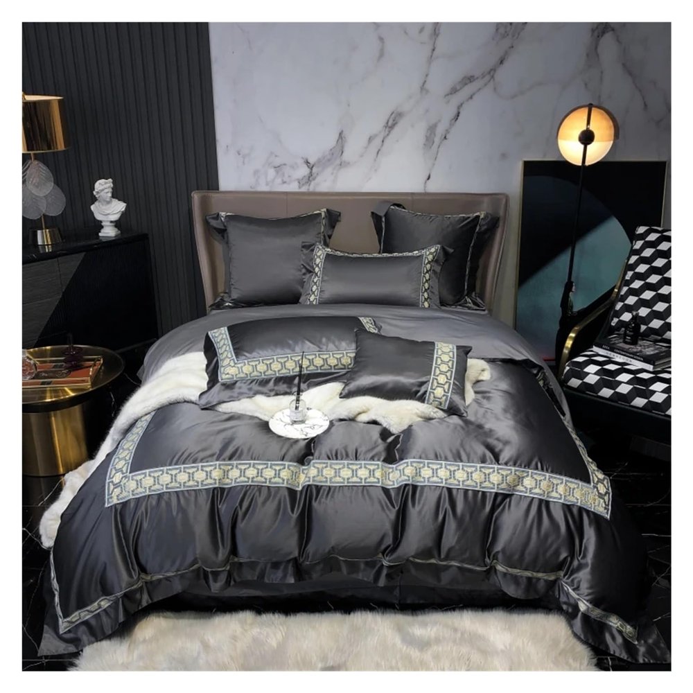 Bed, 1200TC Silk Cotton Bedding Set Silkly Duvet Cover Pillowcase Flat/Fitted Sheet with Rubber Queen King Size 4pcs
