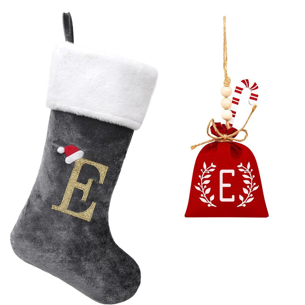 Eoocan 20 Inches Monogram Christmas Stockings Grey Velvet with White Super Soft Plush Cuff Embroidered Xmas Stockings Classic Personalized Stocking Decorations for Family Holiday Season Decor(E)