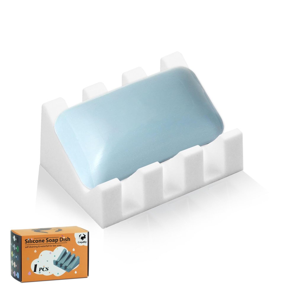 Coipdfty Self Draining Soap Dish Holder,Silicone Soap Dish,for Bathroom,Kitchen, SpongesCan Extend Soap LifeKeep Soap Bars Dry and Easy Cleaning (White,1-Pack)