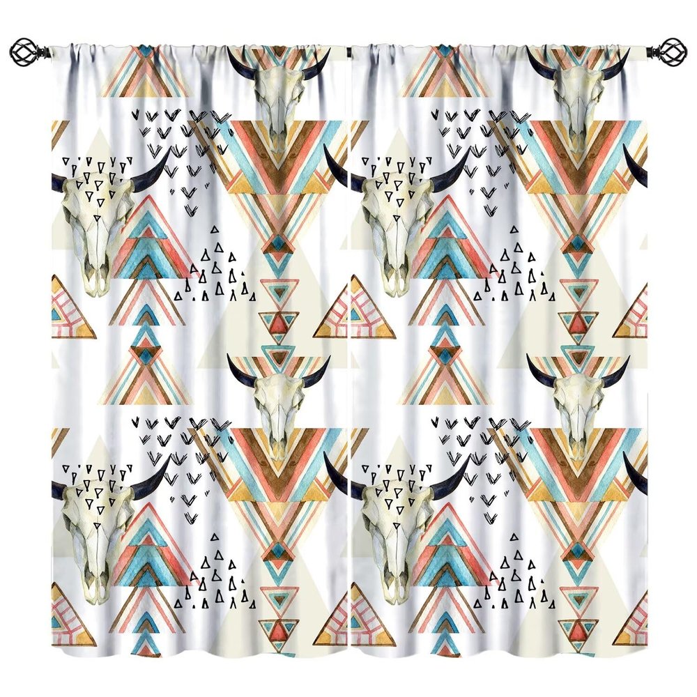SENQIAN Western Bull Skull Curtains Boho Aztec Native Trible Bohemian Southwestern Cow Geometric Rod Pocket Blackout Window Treatment for Living Room Bedroom Kitchen Cafe Dcor W21xL45in 2 Panels