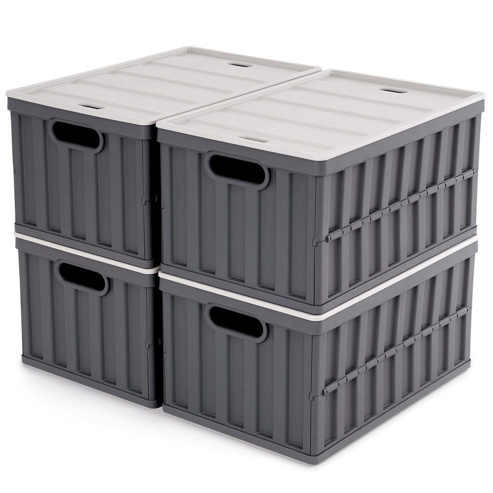 Citylife 64L Collapsible Storage Bins with Lids Plastic Storage Containers for Organizing Stackable Storage Box Large Heavy Duty Utility Crates, 4 Packs