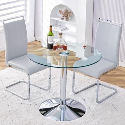 gopop Glass Round Table Set for 2, 3 Piece Dining Table Set for Kitchen Breakfast Nook, Small Kitchen and Table Chairs Set of 2 with Metal Frame for Small Space.