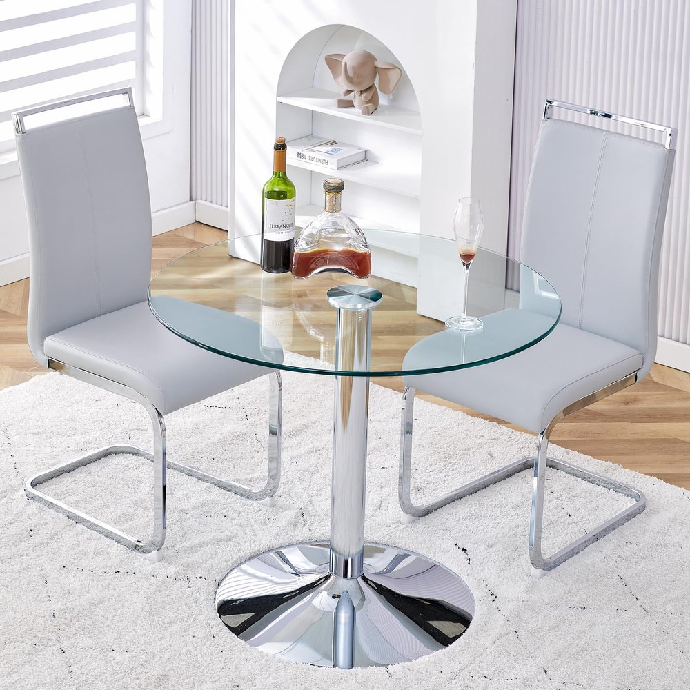 gopop Glass Round Table Set for 2, 3 Piece Dining Table Set for Kitchen Breakfast Nook, Small Kitchen and Table Chairs Set of 2 with Metal Frame for Small Space.