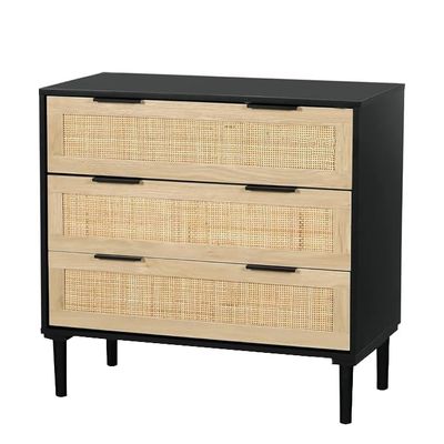 HOPUBUY Large Nightstand with Rattan Drawer, Modern 3 Drawer Night Stand for Bedroom, Wooden Bedside Table for Queen Size and King Size Bed, Black