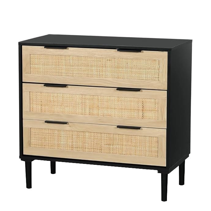 HOPUBUY Large Nightstand with Rattan Drawer, Modern 3 Drawer Night Stand for Bedroom, Wooden Bedside Table for Queen Size and King Size Bed, Black