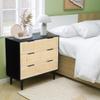 HOPUBUY Large Nightstand with Rattan Drawer, Modern 3 Drawer Night Stand for Bedroom, Wooden Bedside Table for Queen Size and King Size Bed, Black view 2