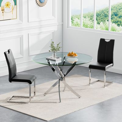 Henf 3 Piece Round Glass Dining Table Set, Modern Small Dining Table Set for 2, Circle Silver Kitchen Set with Glass Tables and 2 PU Leather Chairs for Kitchen Dining Cafe