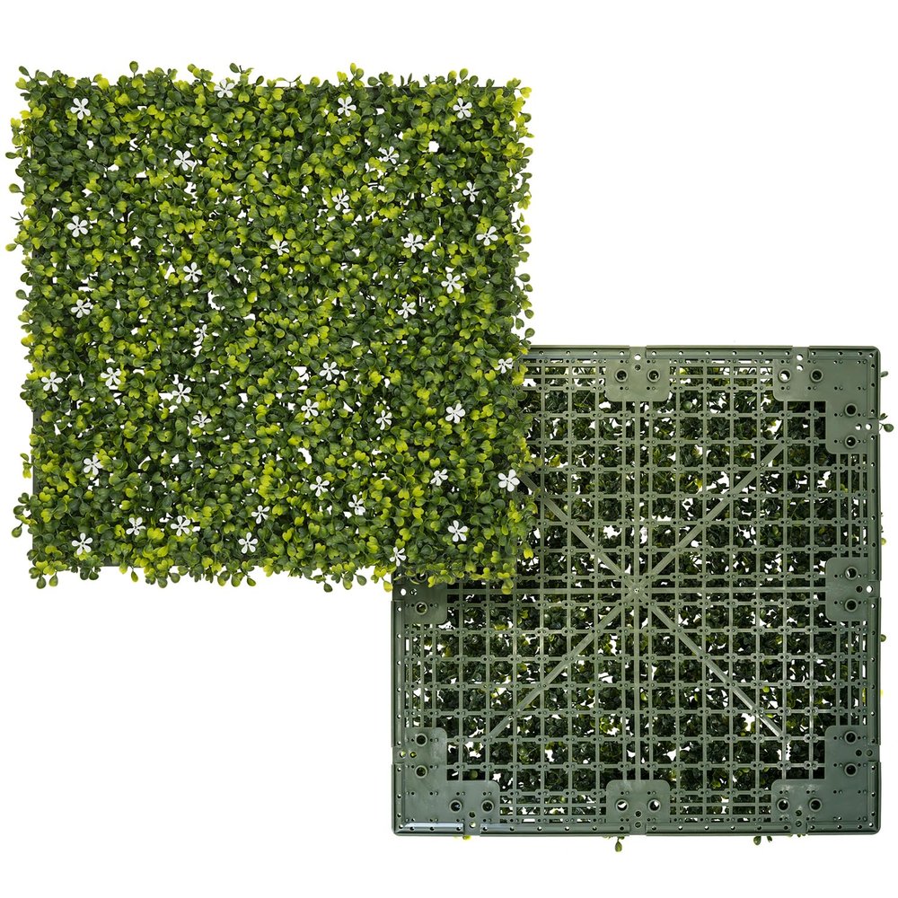 E&K 27 PCS 18"x18" Artificial Plant Panels with Single Side White Flowers Panels Hard Back Faux Leaf Greenery Grass Wall Decoration for Indoor Outdoor