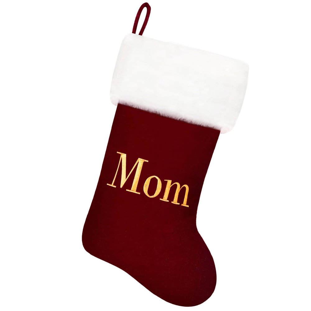Tokforty 20 Inches Wine Red Velvet with White Super Soft Plush Cuff Monogram Christmas Stockings, Xmas Personalized Embroidered Stockings for Family Holiday Decorations and Xmas Tree FireplaceMom