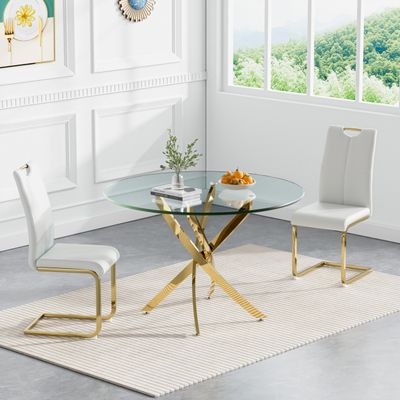 Henf 3 Piece Round Glass Dining Table Set, Modern Small Round Dining Room Table Set for 2, Circle Gold Kitchen Set with Glass Tables and 2 PU Leather Chairs for Kitchen Dining Cafe