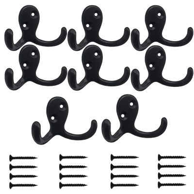 Kruodop 8 Pack Wall Hooks Wall Mounted Coat Hooks for Hanging Heavy Duty, Black Towel Hooks, Metal Double Coat Hanger with Screws Cup Retro for Coats, Handbags, Towels, Hat