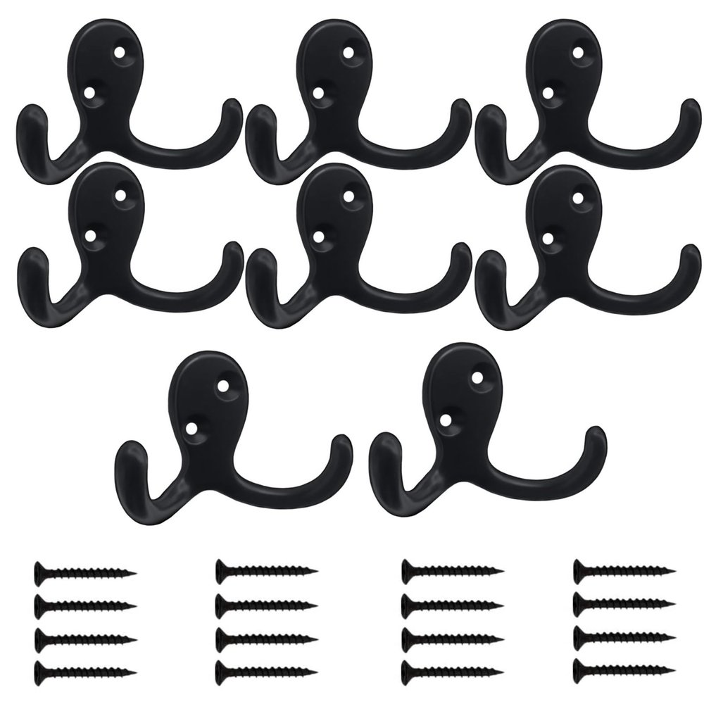 Kruodop 8 Pack Wall Hooks Wall Mounted Coat Hooks for Hanging Heavy Duty, Black Towel Hooks, Metal Double Coat Hanger with Screws Cup Retro for Coats, Handbags, Towels, Hat