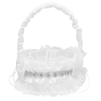 Alipis Flower Girl Pearl Basket Delicate Lace Basket Rhinestone Bow for Beach Wedding