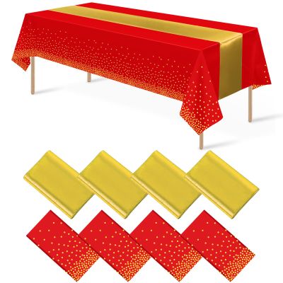 8Pack Disposable Plastic Party Tablecloths and Satin Table Runner Set Red and Gold Dot Table Cloth Gold Satin Table Runner for Wedding Birthday Baby Shower Anniversary Holiday Party Decorations
