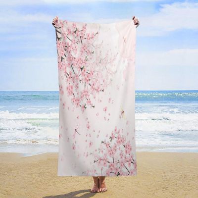 LNDDYTP Modern Japanese Cherry Blossom Beach Towels Super Absorbent Quick Dry Fluffy,Rustic Pink Art Spring Garden Florals Dragonfly Beach Towel for Pool Bath Towels 63"" L X31 W, 160x80cm