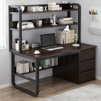 ZLGONRL Home Office Desk with 3 Drawer Computer Desk with Hutch and Bookshelf, Industrial Study Writing Table Workstation (Black Walnut 39 Inch)
