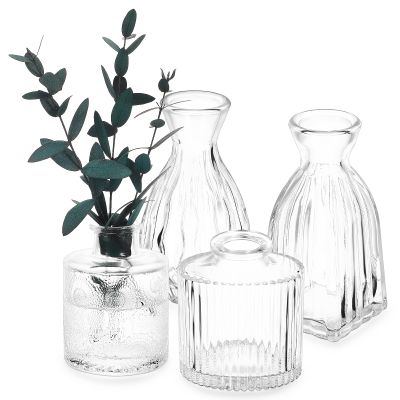 Glass Bud Vases Mini Vase: 4pcs Small Flower Vases Wedding Centerpiece Table Decorations Clear Vase Vintage Embossed Vases for Home Weddings Dining Room Decor
