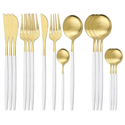 GOODJAYVEN Silverware Flatware Set, 16pcs White Gold Matte Portuguese Stainless Steel Cutlery Stainless Steel Steak Knife, Fork And Spoon Set (Color : White Gold, Size : 16Pcs)