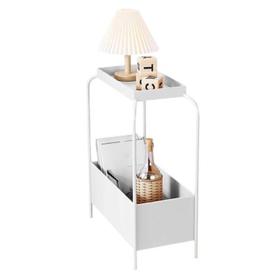 KAMPCO Sofa Side Table, Narrow End Table with Storage Shelf, Metal Chairside Table for Small Spaces, Living Room Bedroom Bedside Nightstand, 52 x 25 x 65 cm, White