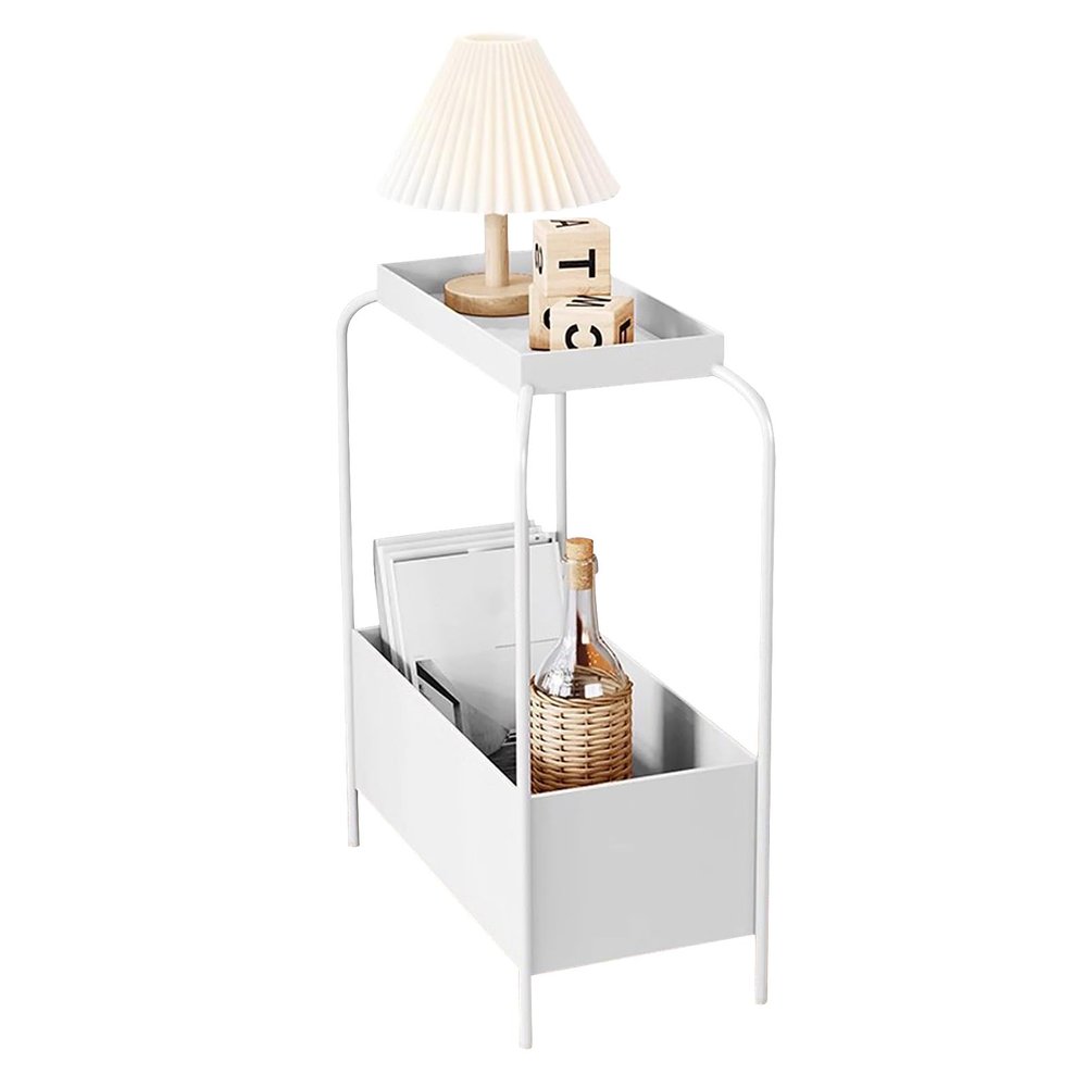 KAMPCO Sofa Side Table, Narrow End Table with Storage Shelf, Metal Chairside Table for Small Spaces, Living Room Bedroom Bedside Nightstand, 52 x 25 x 65 cm, White