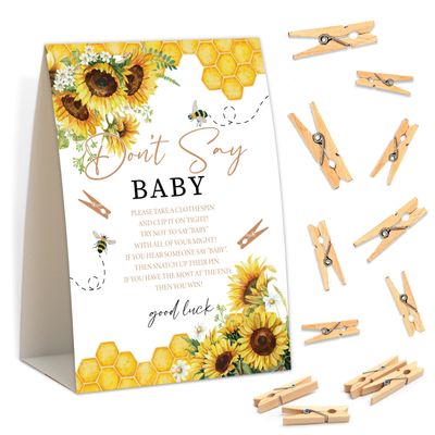 Baby Shower Games - Honey Bee Don't Say Baby Clothespin Game, 1 Sign and 50 Mini Clothespins, Gender Reveal Game, Sunflower Bee Baby Shower Decoration Supplies (JZC17)