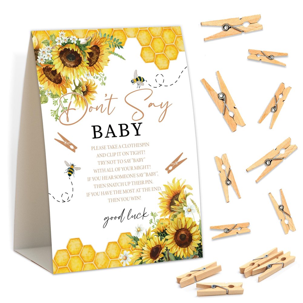Baby Shower Games - Honey Bee Don't Say Baby Clothespin Game, 1 Sign and 50 Mini Clothespins, Gender Reveal Game, Sunflower Bee Baby Shower Decoration Supplies (JZC17)