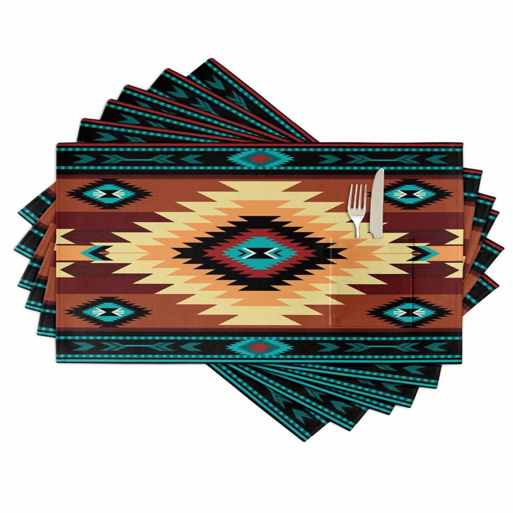 Teal Brown Boho Southwestern Placemats Set of 6, Woven Placemat Washable Wipeable Table Placemat with Pocket, Holiday Cloth Table Mat for Party Kichen Dinner Vintage Ethnic Tribe Geometric Texture