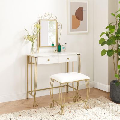mikibama Victorian Vanity Set with Drawers,Farmhouse Mirrored Makeup Vanity Desk with Stool,Vintage Golden Metal Wooden Vanity Dresser Table with Cushioned Chair for Women,Girls (Golden+Off White)