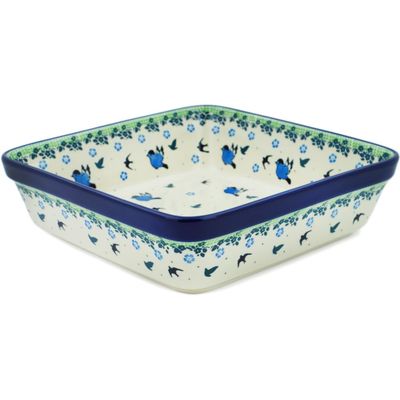 Polmedia Polish Pottery Authentic Polish Pottery Square Baker in Blue Bird Babies Design Handmade in Bolesawiec Poland by Ceramika Artystyczna + Certificate of Authenticity